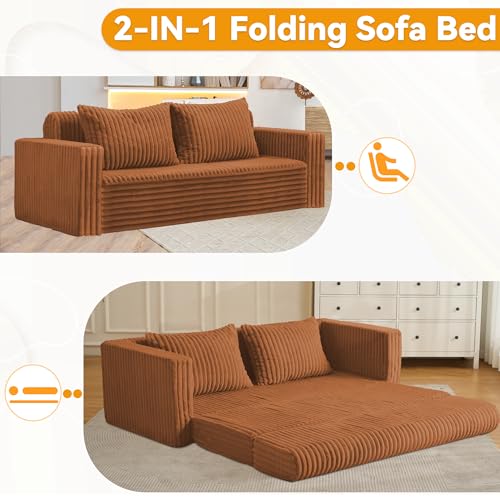 Image of HABUTWAY Folding Sofa Bed, 2 in 1 Convertible Sleeper Chair with 2 Pillows, Portable Fold Out Chair Bed with Armrest, Comfy Floor Couch, Lazy Sofa for Living Room Bedroom Dorm Home Office, Caramel