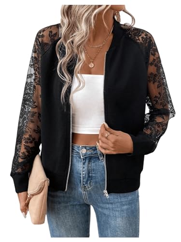 Verdusa Women Bomber Jacket Lightweight Contrast Lace Zip Up Tops Raglan Long Sleeve Fall Outerwear