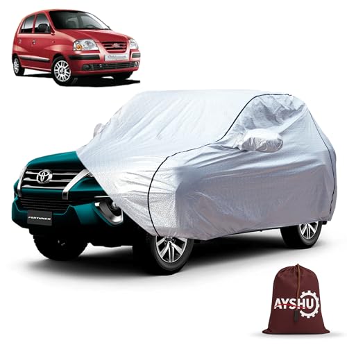 Image of AYSHU Waterproof Car Cover for Hyundai Santro Xing | Mirror & Antenna Pocket | Anti-Scratch Soft Cotton Inner Layer | Triple Stitched | Heat Resistant Metallic Silver | All-Weather Protection