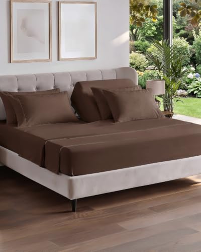 Image of Flex Top Split Head King 6 Piece Sheet Set - Breathable & Cooling - Brown | Ultra Soft Hotel Luxury Bedding Set w / 8-16 Inch Deep Pockets, 1 Flat & 1 Split-Head Fitted Sheet & 4 Pillowcases, Fade Free
