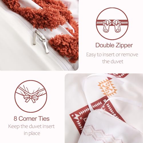 Image of MOVE OVER 100% Cotton Tufted Duvet Cover Set Queen 3 Pieces Burnt Orange Boho Chic Farmhouse Bedding Set with Zipper Closure and Ties Mid Century Modern Comforter Cover All Seasons