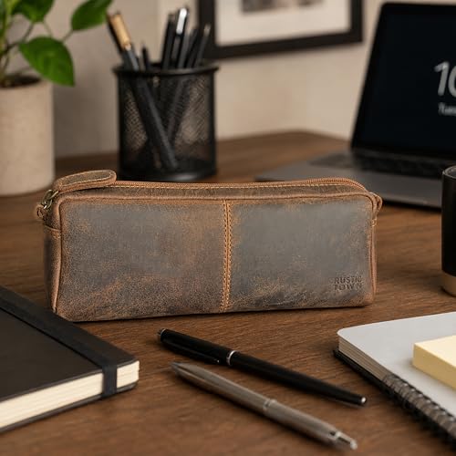 Image of RUSTIC TOWN Leather Pencil Case for Men & Women - Full Grain Leather Pen Pouch with Zipper, Handcrafted Pencil Pouch Organizer for Office, School & Travel