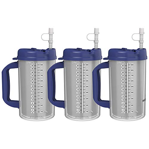 Mugs N Coffee 3-Pack 32 oz Travel Mugs – Dark Blue Hospital Mugs for Cold Drinks – Double Wall Insulated, Large Handle – BPA-Free, Leak-Resistant – Includes Lids and Straws – Made in USA