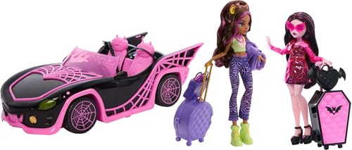  Monster High Eeekend Getaway - Set da gioco con bambole Draculaura e Clawdeen, veicolo e oltre 20 accessori
