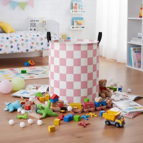 Image of Baby Laundry Hamper Basket Baby Hamper for Nursery Boy and Girl Cute Storage Bin Organizer Boho Room Decor(Pink Checkered)