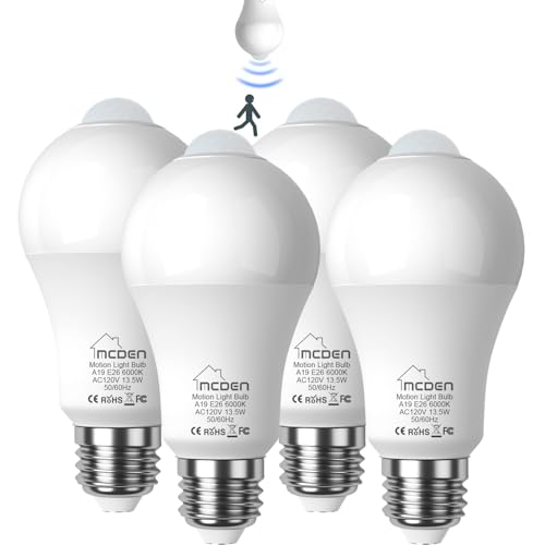 McDen Motion Sensor Light Bulb, Indoor Motion Activation Detector Light Bulb, E26 Base Dusk to Dawn Security Night Light 13.5W Equivalent 100W 6000K Daylight 4 Packs