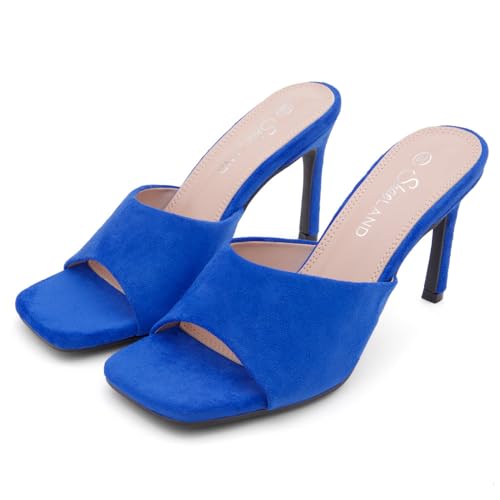 Image of Shoe Land Melrose Women's High Heels Stiletto Heeled Slides, Square Open Toe One Band Slip-On Heeled Mules - Dressy Clear Heeled Sandals for Prom Party Wedding and Vacation