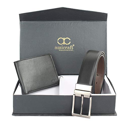Image of Amicraft Faux Leather Men's Wallet & Belt Combo Set Black Brown Reversible Gift set