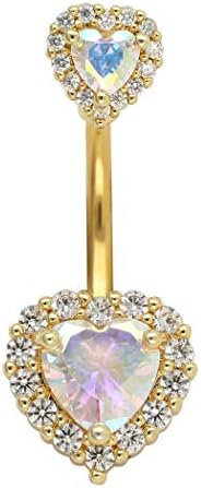 Excepro 14G(1.6mm) Double Heart Cubic Zirconia Navel Belly Button Ring 316L Surgical Steel Piercing Barbell Body Jewelry