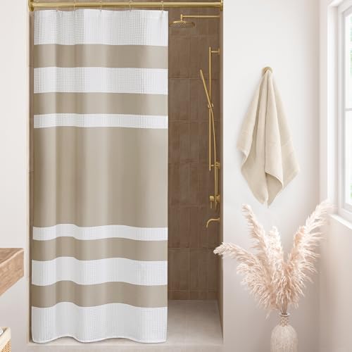 Madison Park Shower Curtain Waffle Weave Striped Pieced Design Fabric Shower Curtain for Bathroom with 3M Scotchgard Moisture Management Premium Spa Quality Modern Standard 72