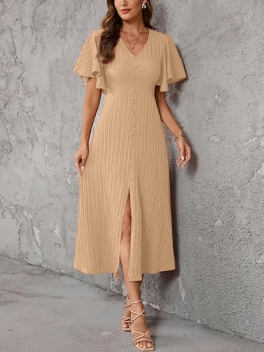 Image of Shasmi Girl's & Women's Pleated Midi Dress with Flutter Sleeves | V-Neck Western Dress for Women | Elegant A-Line Summer Outfit | Office & Casual Wear (Dress 244)
