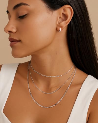 Layered Herringbone Necklaces for Women Adjustable Double-Layer Asymmetrical Heart Design Dainty Snake Silver Chain Paperclip Box Choker Necklace 16/19+2" Jewelry Set Gift for Her Girlfriend Wife2