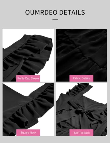 Image of Women's Summer Square Neck Tie Back Ruffle Sleeve Tiered Casual A-Line Short Mini Dress