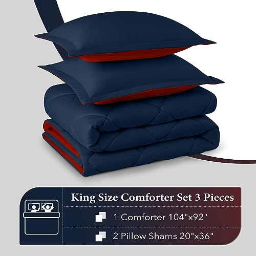 Image of downluxe King Size Comforter Set - Red and Navy King Comforter, Soft Bedding Sets for All Seasons -3 Pieces - 1 Comforter (104 inchx92 inch) and 2 Pillow Shams(20 inchx36 inch)