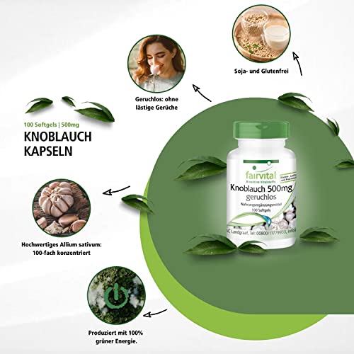 Fairvital | Knoblauch Kapseln 500mg - 100 Softgels - schluckfreundlich - enthält Alliicin - Knoblauch 100:1 Extrakt - HOCHDOSIERT & geruchslos