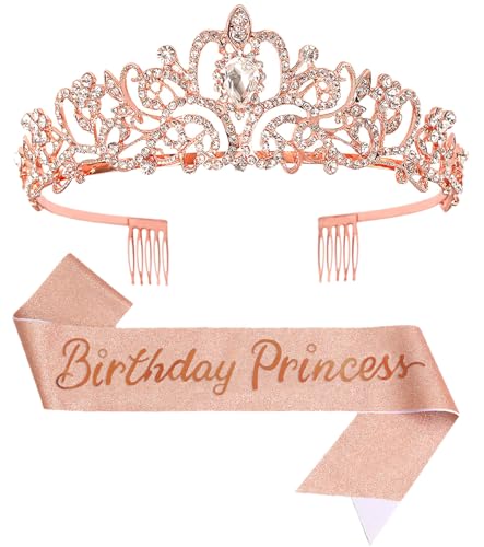 Birthday Tiara and Crown with Sash for Women, Hair Accessories for Wedding Party Costume (C- Rose Gold)