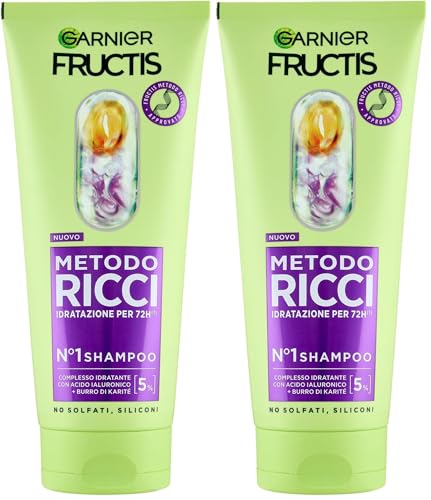 Garnier Fructis Shampoo Idratante, Per Capelli Ricci Definiti, Idratati e Morbidi, Arricchito con Acido Ialuronico e Burro di Karité, Metodo Ricci, 200 ml (Confezione da 2)