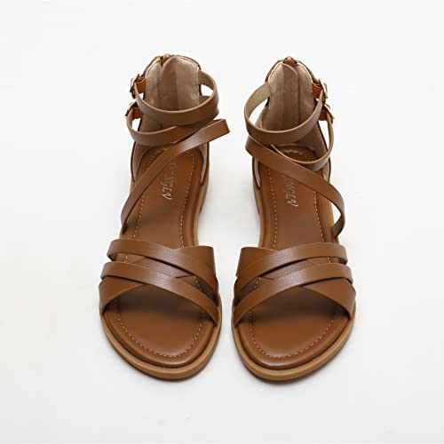 Women's Flat Sandals Strappy Ankle Strap Roman Round Toe Summer Beach Gladiator Shoes With Zipper Brown #TOP1
