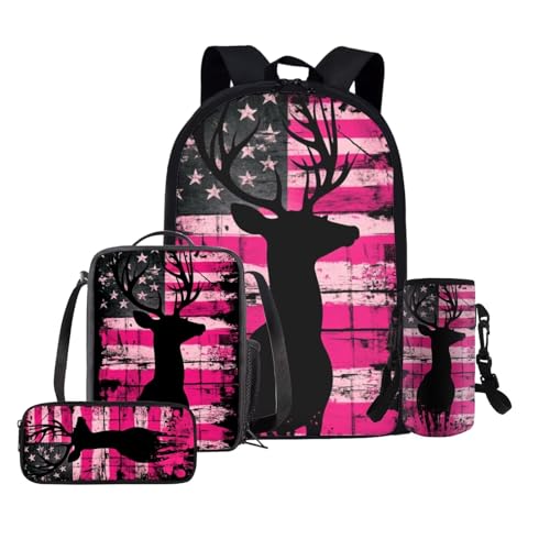 Deer Hunting Girls School Backpack 8-10 Years Old Pink American Flage School Bookbag with Lunch Box Set of 4 School Backpack for Middle School Casual Travel Daypack Rucksack