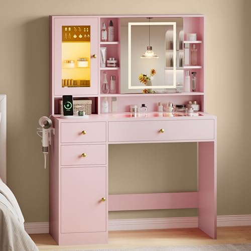 Image of HUANLEGO Vanity Desk with Mirror and Lights, Pink Vanity with Lighted Mirror and RGB Cabinet & Jewelry Organizers, Makeup Vanity Desk with Lights, Glass Top Dressing Table for Girls Bedroom