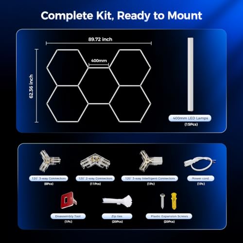 Gneng Hexagon Garage Lights, 6500K Ultra Bright LED Hexagon Lights, 156W 17280LM; Honeycomb Light for Garage, Barber, Workshop, Basement,Gym Lighting (5 Grids White Hex Light) - image 5