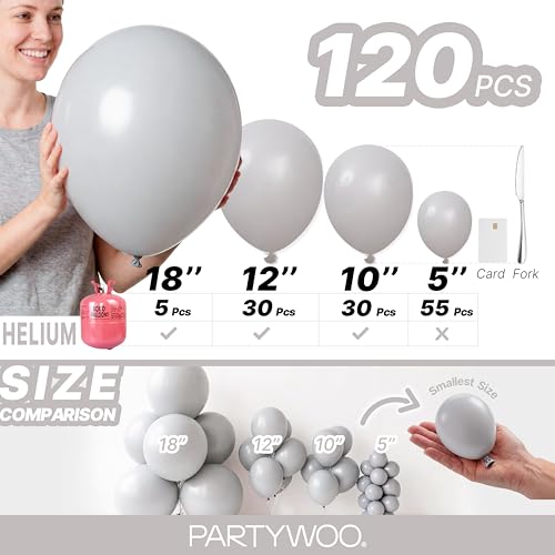 Image of PartyWoo Gray Balloons 120pcs Matte Gray Latex Balloons Different Sizes | 18 12 10 5 Inch for Baby Shower Graduation Anniversary Birthday Bridal Shower Gender Reveal Party Decorations Gray-Y71