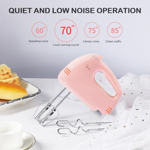 Image of Handmixer Electric Handheld - 7 Speed Portable Kitchen Mixer Electric with 5 Stainless Steel Accessories Whisk, Food Beater for Whipping Mixing Cookies Cakes Eggs, Pink