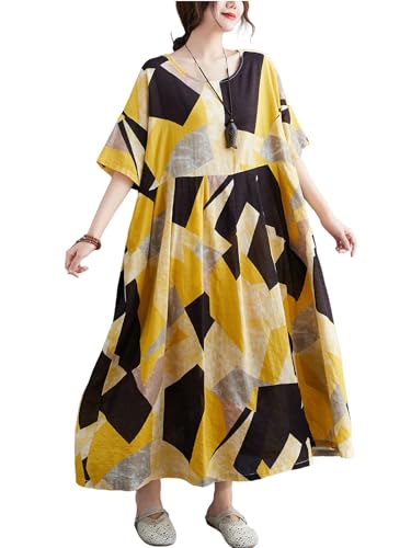 Image of Women Plus Size Color Block Dress Geometric Block Print Round Neck Side Pockets Casual Loose Dresses
