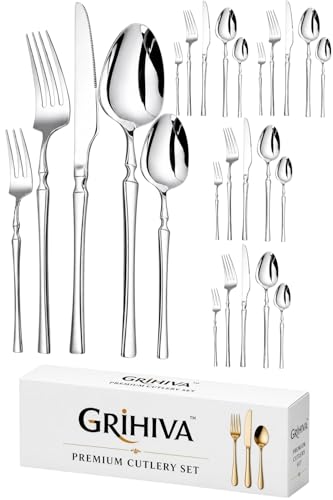 Image of 25 Pcs Silver Cutlery Set for Dining Table the Perfect Lightweight Silim Handle Tableware Including Dinner Spoon, Dinner Fork, Dinner Knife, Dessert Spoon & Dessert Fork