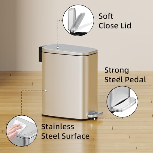Image of KSSKSS Small Bathroom Trash Can with Lid Soft Close, Step Pedal, 6L / 1.6 Gal Stainless Steel Garbage Bin with Removable Inner Bucket, Slim Wastebasket for Narrow Spaces (Silver)