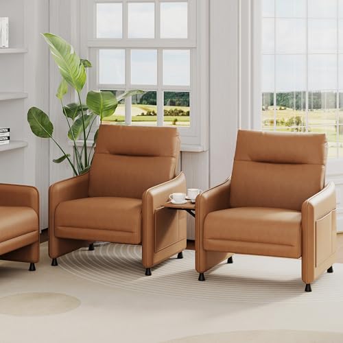 Sillón tapizado marrón con reposabrazos y mesa lateral miniatura 3