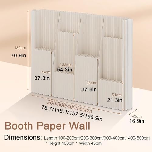 Retractable Folding Paper Room Divider with Storage Shelf, Privacy Screen for Home, Salon, Office & Exhibition - H63in/160cm x L118in/300cm - Stylish Space Separator