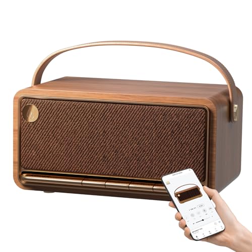 Edifier Altavoz Bluetooth retro de madera, altavoces portátiles inalámbricos con audio de alta resolución de 40 W, aplicación ConneX de emparejamiento estéreo, USB y tarjeta TF, marrón