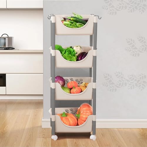 Image of Lukzer 4 Tier Plastic Rolling Cart Trolley Stand Multipurpose Fruits & Vegetable Storage Basket Rack with Wheels Slim Space-Saving Organizer for Kitchen Home Bathroom Office-White 115x30x41.5cm CH-138