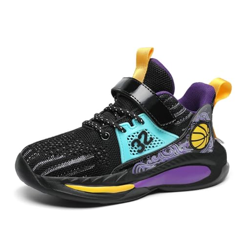 BTKSDAS Boys Shoes Non Slip Breathable Comfortable Safety Kids Shoes Workout Gym Tennis Running Basketball Sneakers for Boys Girls Black/Purple Size 13.5 Little Kid (1 Pair)