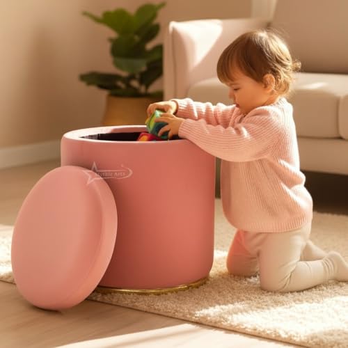 Image of Velvet Round Single Strip Ottoman Office Stool Foot Rest Stool Velvet Fabric Padded Seat Pouf Ottoman 16 X 16X 19 inch, in Round Shape for Living Room Pink