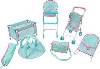 KOOKAMUNGA KIDS 6 Pc Baby Doll Stroller Set - Baby Doll Accessories - Baby Doll Playset w/ Doll Crib Stroller High Chair & Feeding Tray - Playpen - Bouncer - Diaper Bag - Activity Mat - Ages 3+ (Blue)