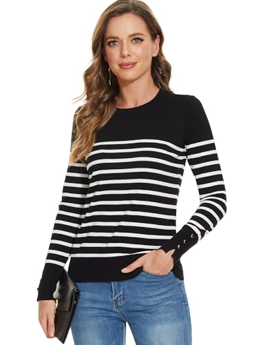 Image of Sweaters for Women Striped Crew Neck Pullover Sweater Lightweight Long Sleeve Fall Knit Tops