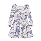 Spring Autumn Comfortable Midi A Line Long Sleeve Round Neck Flared Skate Dress for Girls School Birthday Travel Purple Dolphin Girls Dress 7-8 Years Old