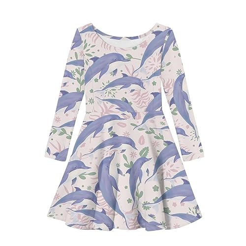 Comfortable Midi A Line Long Sleeve Round Neck Flared Skate Dress for Girls School Birthday Travel Girls Dress