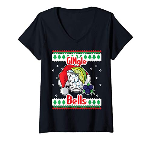 Womens GINgle Bells Gin Tonic Glass Santa Ugly Christmas Sweater V-Neck T-Shirt
