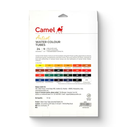 Image of Camel Artist Watercolor Tube - 24 Shades (9ML Each) | Vibrant Pigments for Rich Colors | Quick-Drying & Easy Blending | Perfect for Portraits, Landscapes & Florals | Multi Surface Use