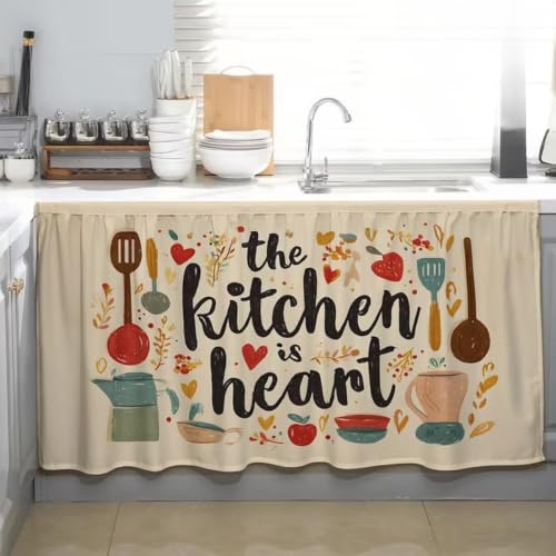 Image of Premium Printed Kitchen Sink Curtain | Washable & Dustproof Rod Pocket Counter Skirt | Perfect for Any Sink | Multicolor Cooking Theme Decor for Home & Kitchen(150cm X 70cm) (Kitchen Heart)