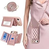 DEYHU iPhone 16e用ケース カードホルダーとストラップ付き 女性用 クロスボディ ランヤード メイクアップミラー リングスタンド スナップ留め具 かわいい電話ケース 6.1インチ - ダークローズゴールド