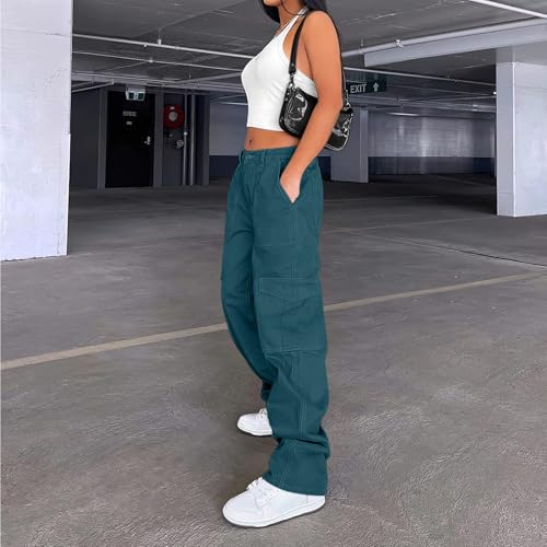Image of Lepunuo Cargo Pants for Women High Waisted Casual Pants Baggy Stretchy Wide Leg Y2K Streetwear with 6 Pockets
