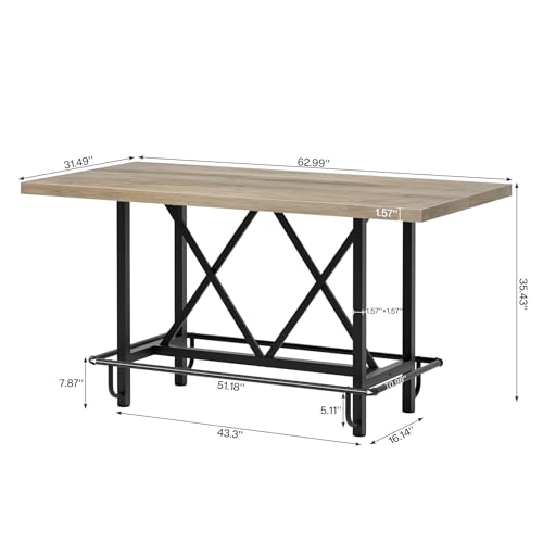 Image of Tribesigns 63-Inch Counter Height Bar Table with Metal Footrest (Gray) | Industrial Rectangle Pub Table, Wood Kitchen Dining Table with Sturdy Metal Frame for Dining Room, Home Bar