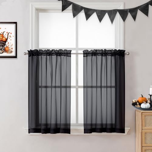 Image of OVZME Black Sheer Curtains 36 inches Long, Short Kitchen Window Treatment Solid Sheers Cafe Curtains Tiers Voile Half Window Curtains 2 Panels for Kitchen Room Laundry, Rod Pocket, 42 inch Wx36 L