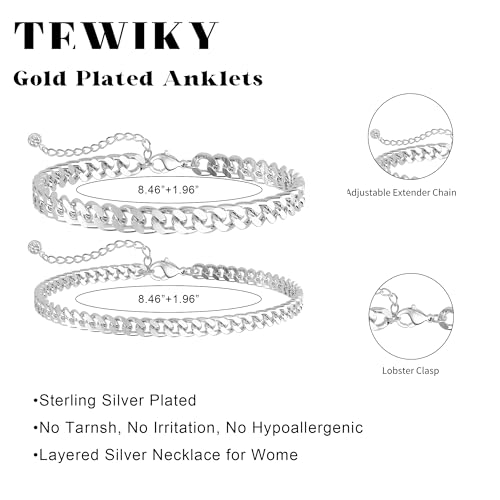 Image of Tewiky Chunky Ankle Bracelets for Women,Dainty Layered Waterproof Anklet for Women Adjustable Cuban Set Stackable Cute Summer Beach Jewelry Gift