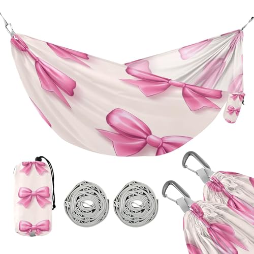 ATTX Pink Bows Camping Hammock - Lightweight & Portable Hammocks, Heavy Duty 330lbs Capacity for Indoor, Hiking, Backpacking, Travel, Backyard, Beach#533