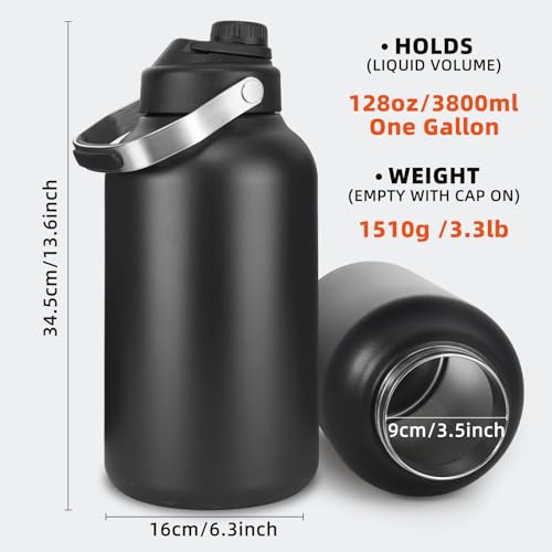 Image of One Gallon Water Bottle, 128oz Stainless Steel Insulated Water Bottle For Hot & Cold Drinks, BPA-Free, Wide Mouth, Leak-Proof Big Water Jug With Handle For Sports, Travel, Hinking & Camping, Black